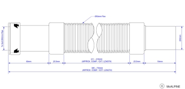 Preview: Technische Zeichnung eines flexiblen Abwasser Anschlussschlauchs mit Steckmuffe, ausziehbar von 385mm bis 750mm Gesamtlänge, passend für 40mm Rohre
